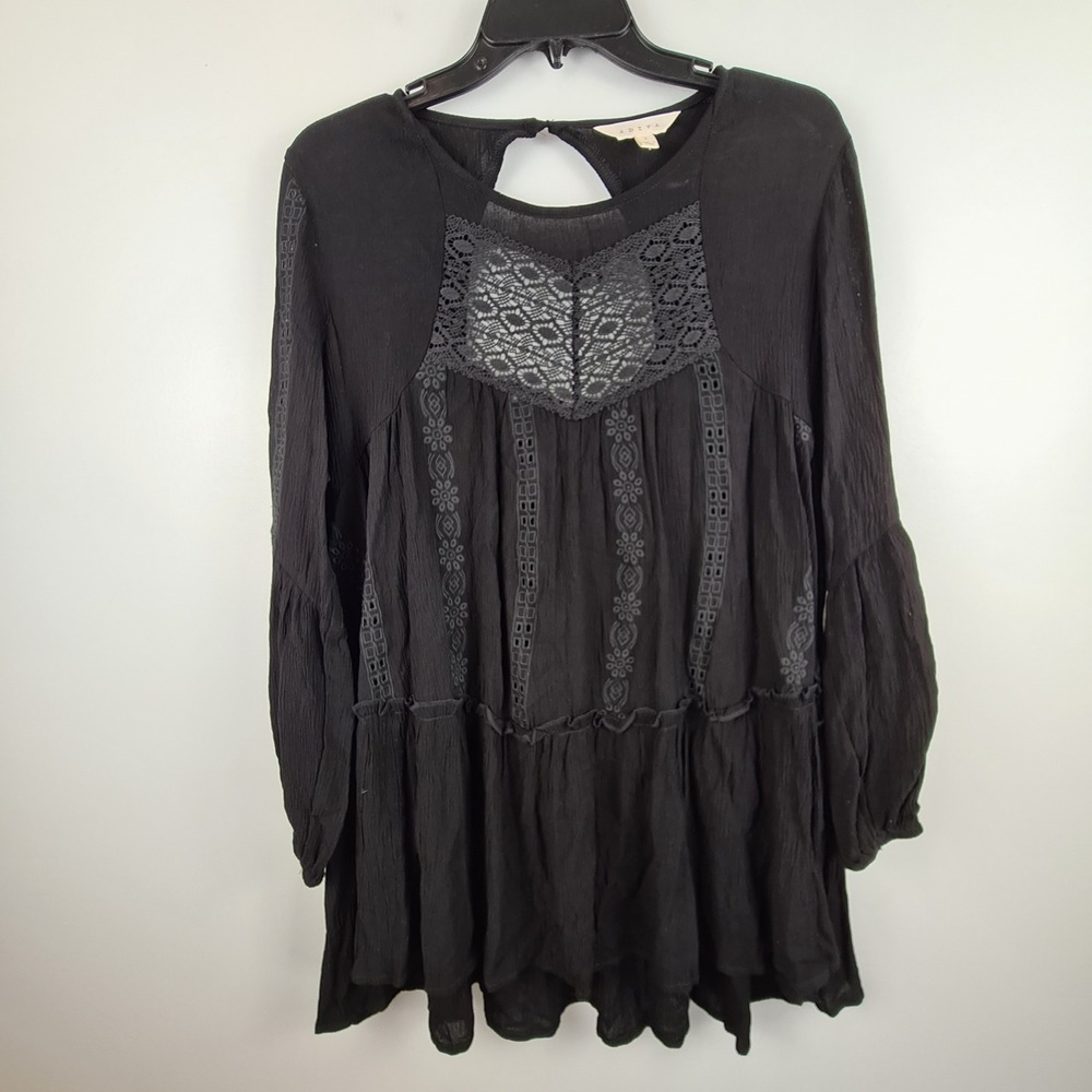 Adiva Black Boho Lace Crochet Inset Tunic Blouse Long Balloon Sleeve Small